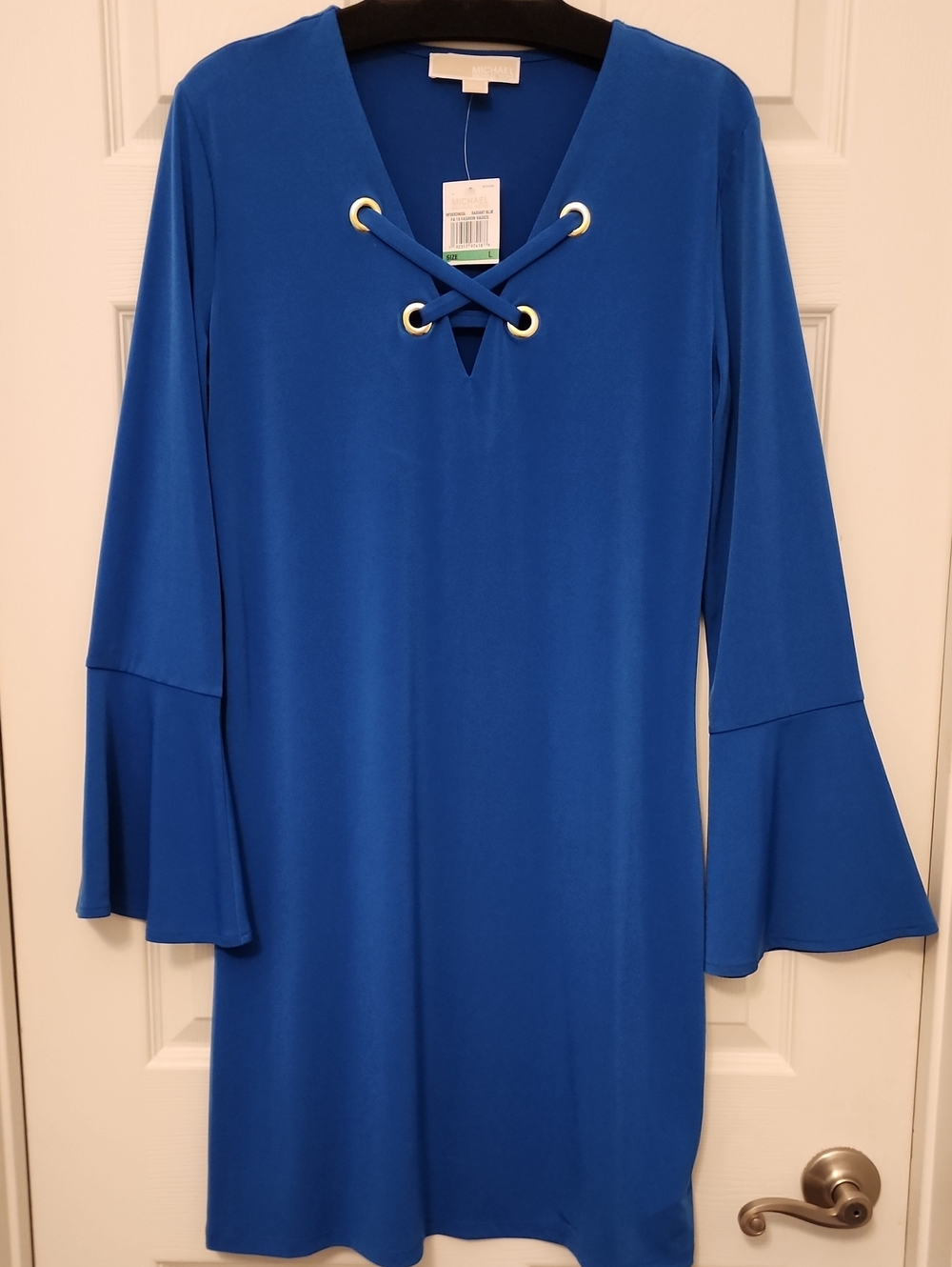 Michael Kors Royal Blue Lace-Up V-Neck Bell Sleeve Dress(L)NWT